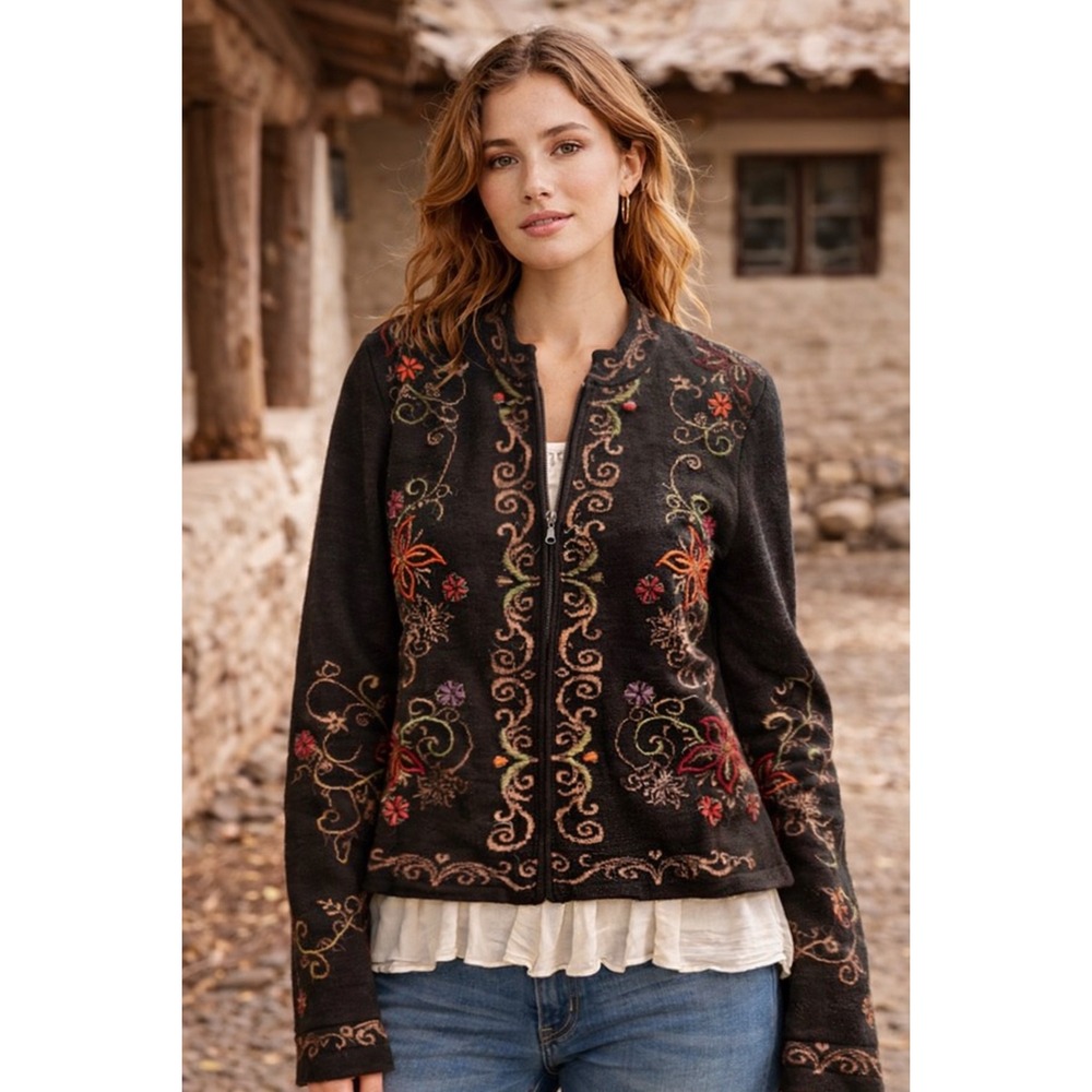Alpaca‎ Sweater Jacket Peru Boho Floral Embroidered Zip Cardigan Cottagecore L